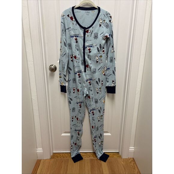NWT LL Bean Women's Blue Mini Waffle One Piece Unionsuit Pajama Size S Tall‎ - Picture 1 of 8